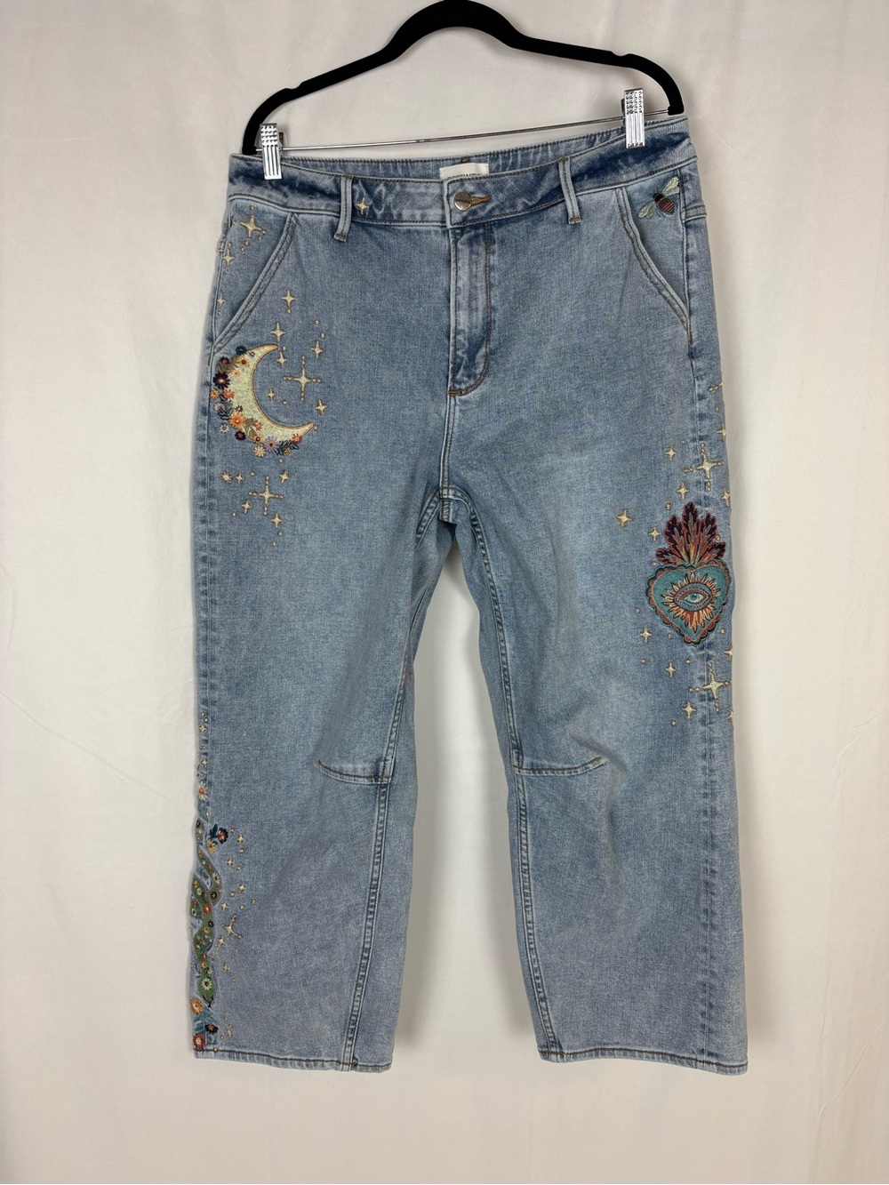 DRIFTWOOD Light Blue Wide Leg Jeans with Colorful Embroidered Motif - Picture 3 of 11